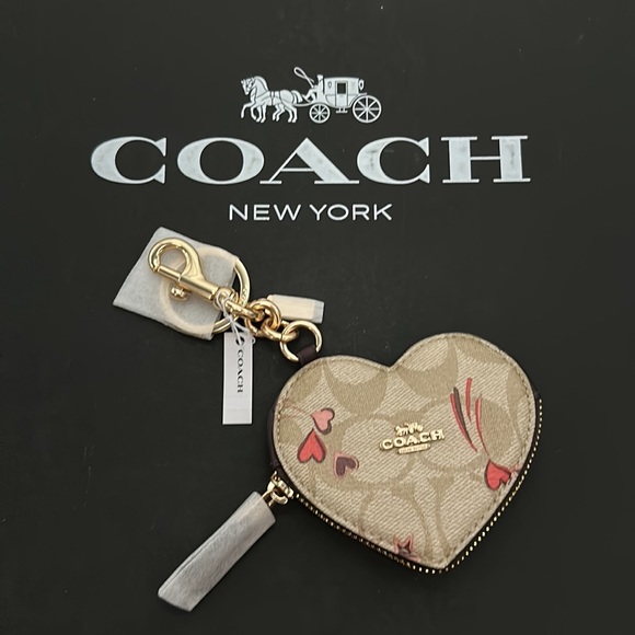 Coach Heart Pouch Bag Charm Signature Canvas Coin Heart Star Print Fob Keychain - Picture 1 of 5